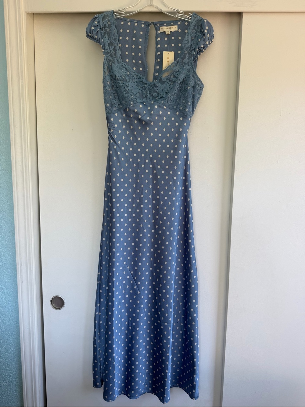 Blue Polka Dot Lace Trim Maxi Dress